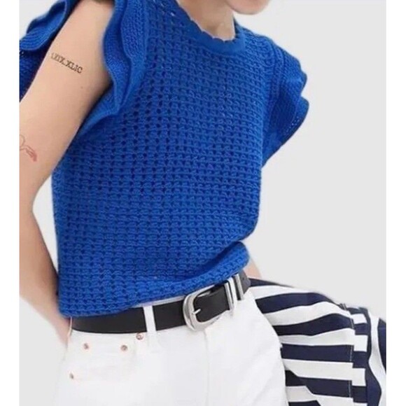 GAP Women’s Royal Blue Flutter Sleeve Cotton Crochet Sweater Top Size Small NWOT - Picture 2 of 10